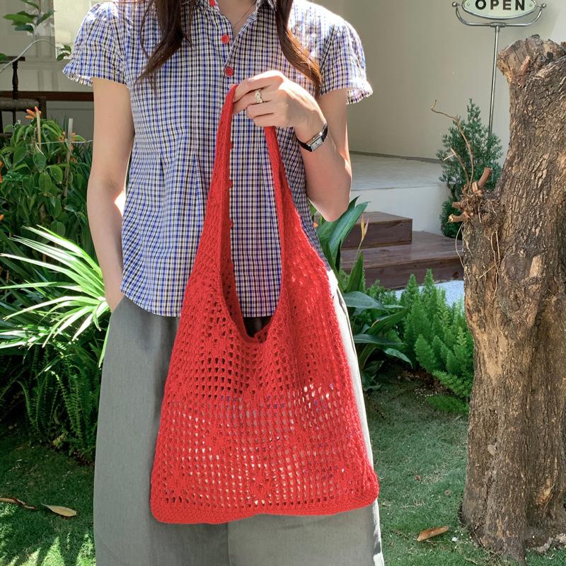 Mori hollow flower knitted shoulder bag large capacity woven tote bag seaside vacation handbag