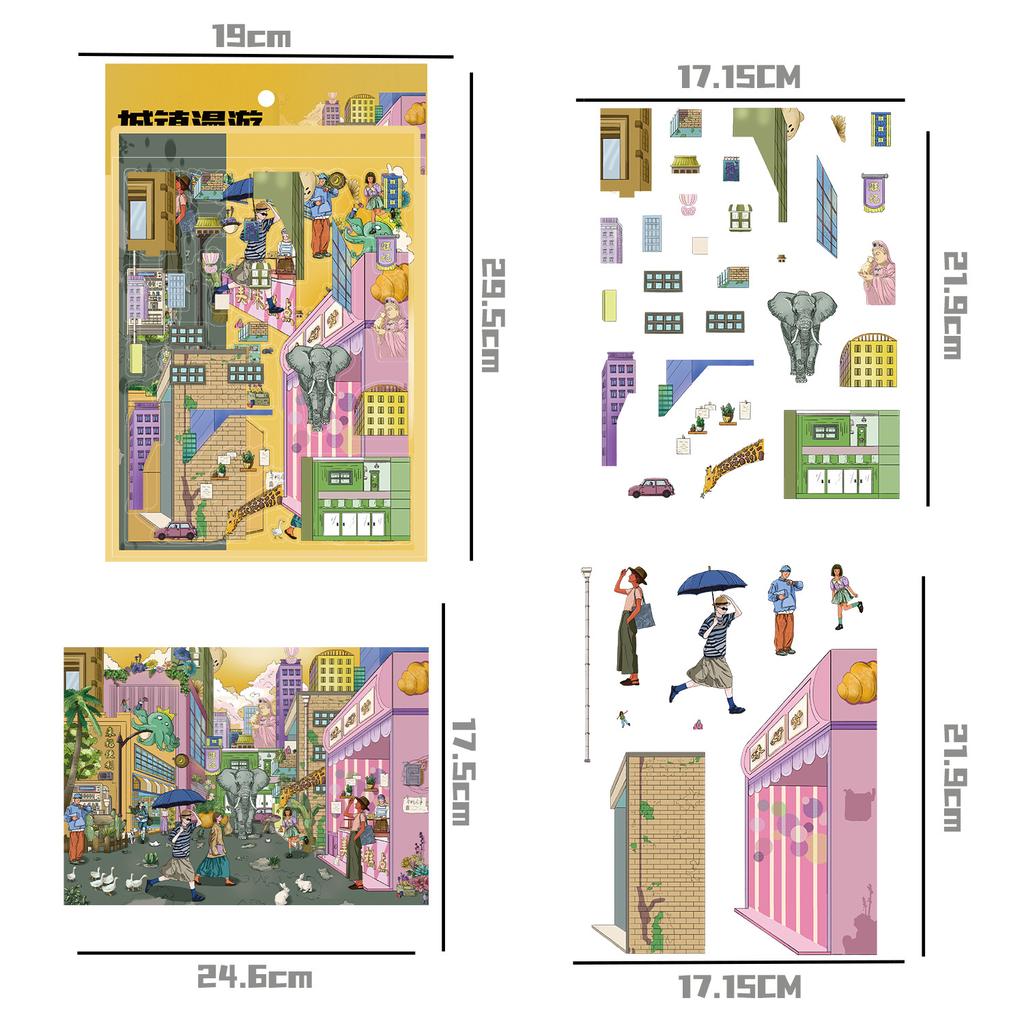 Cartoon Large Town Roaming Landscape Sticker 3D Miniature World Unzipped DIY Scene Account