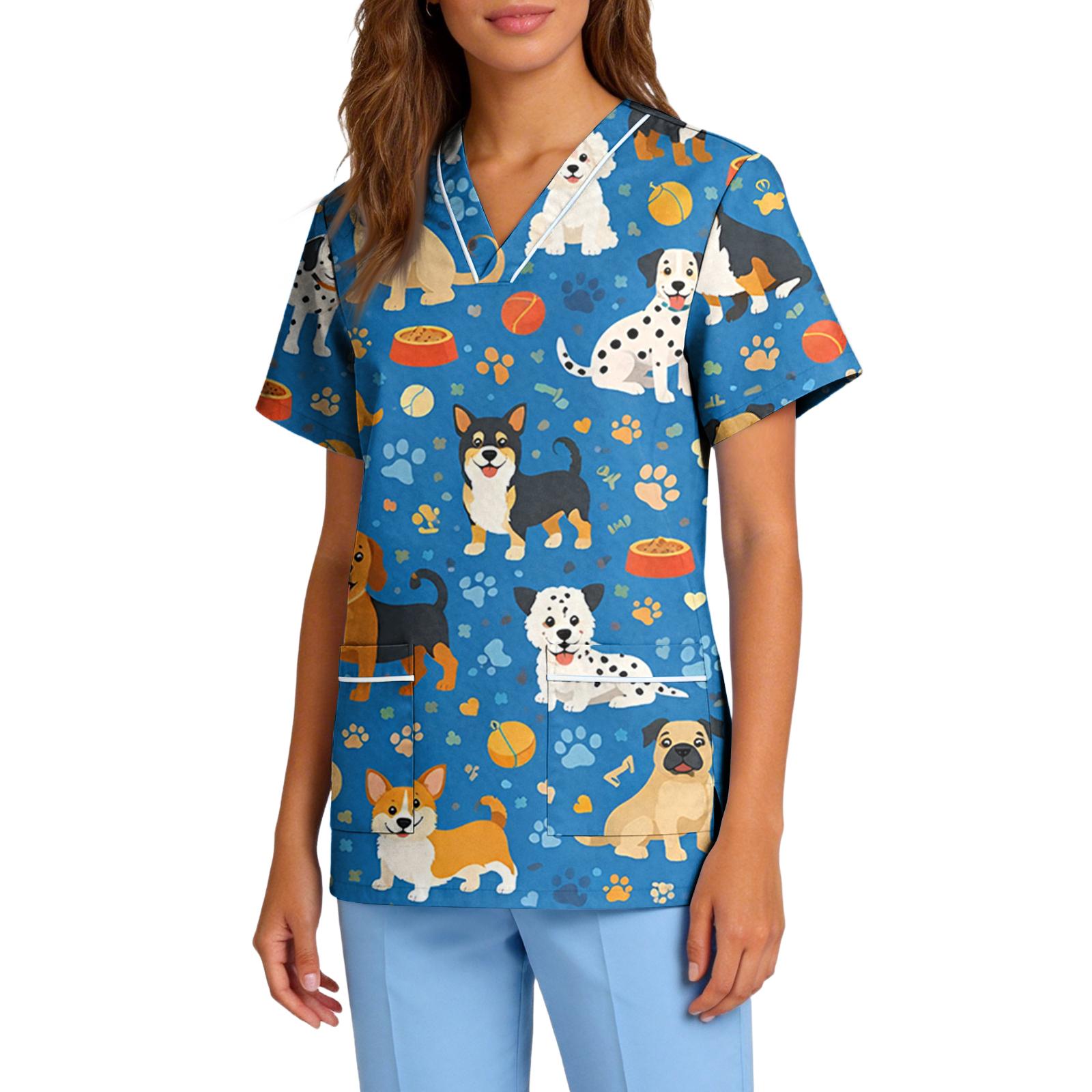

Women s Stretch Quick-Dry V-Neck Short Sleeve Workwear Top with Animal Print & Pockets L синий