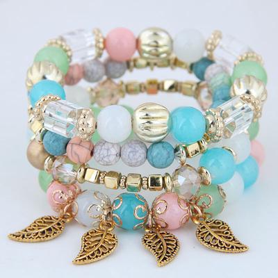 4pc Fashion Multilayer Leaf Glass Beaded Multilayer Bracelet