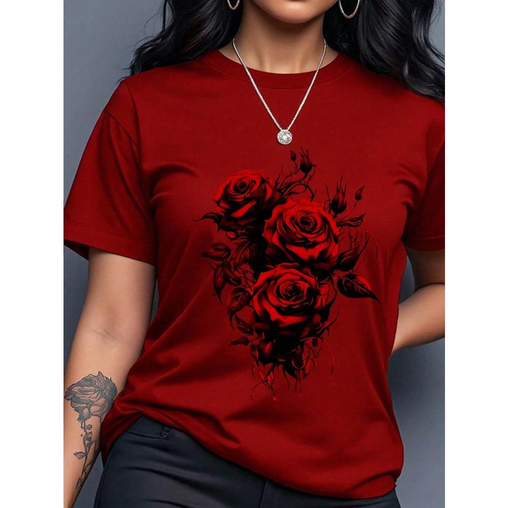 Women's Yellow T-Shirt with Gold Rose Print, Round Neck Short Sleeve Casual Top
