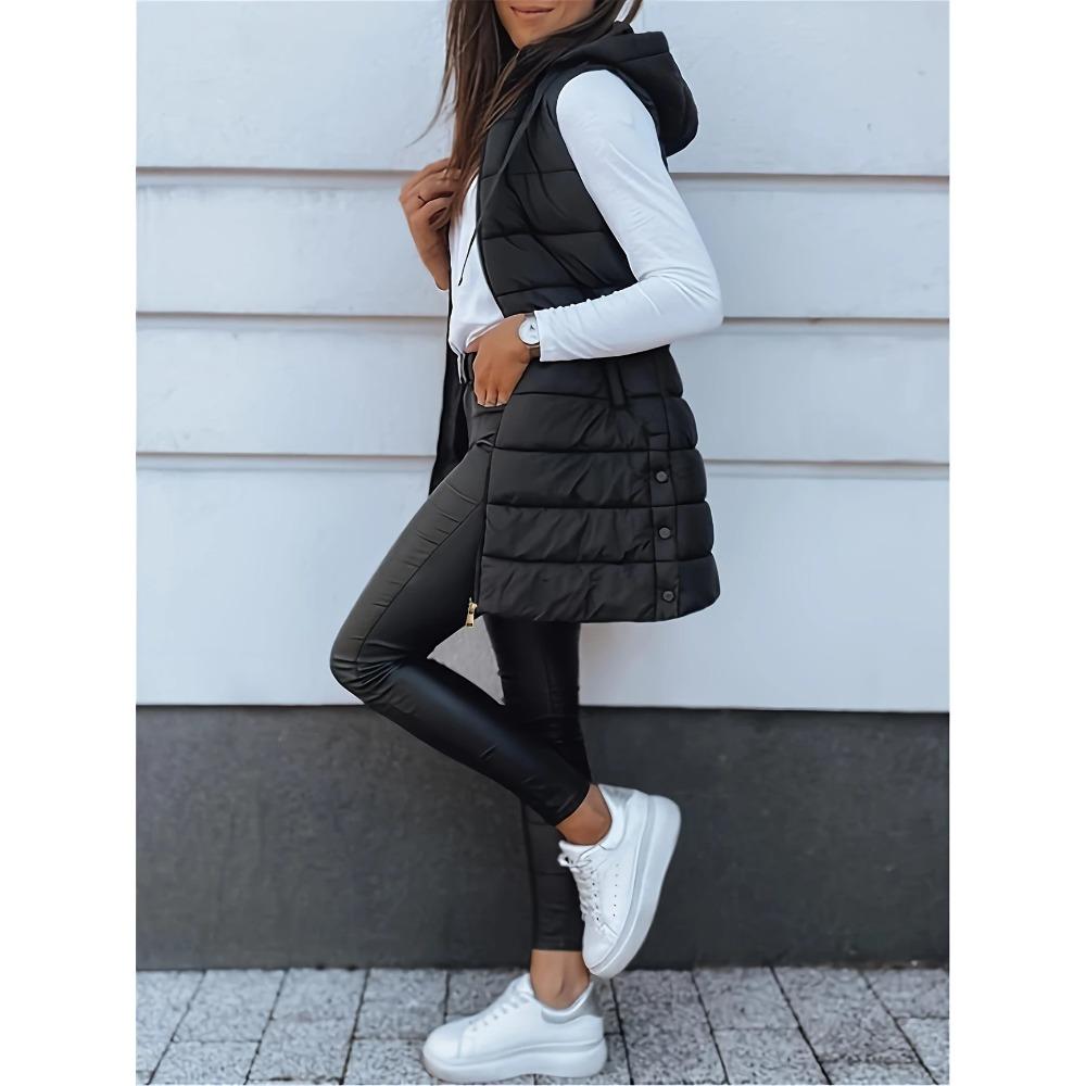 Autumn Winter Solid Color Hooded Zip Cotton Vest Women Mid-Length Plus Size Padded Gilet Coat