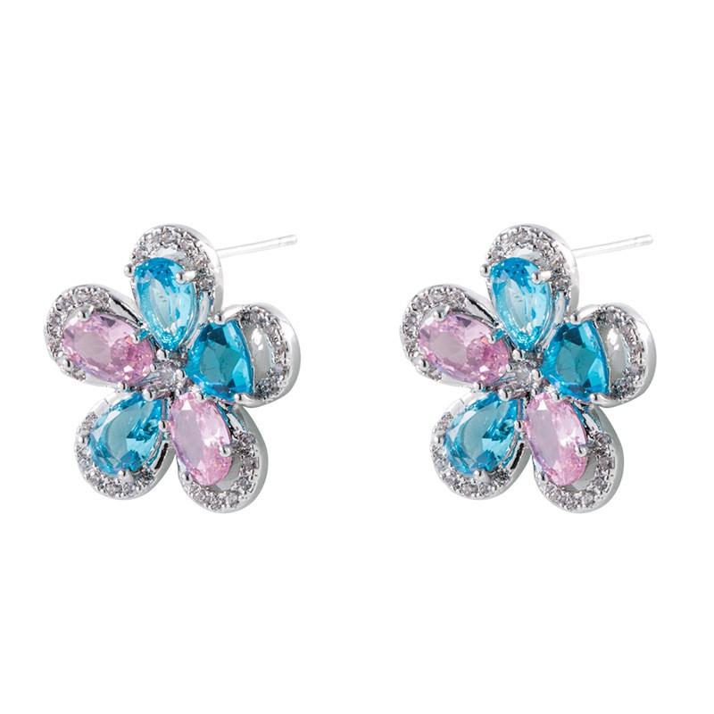 Vintage Floral Heart Earrings With Multifaceted Sea Blue Zircon Drops Copper Post Womens Jewelry