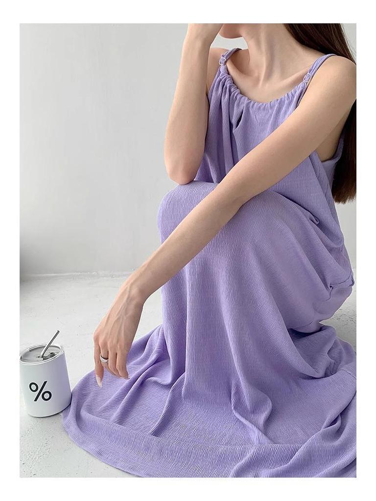 Petite French Purple Sling Dress for Women - 2025 Summer Loose Fit, Slimming, Temperament Style for Seaside Vacation.