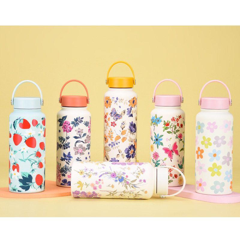 2025 New Model 1L Large Capacity Thermos Cup with Wide Mouth, Portable Handle, Sports Water Bottle, Outdoor Printed Water Cup for Women