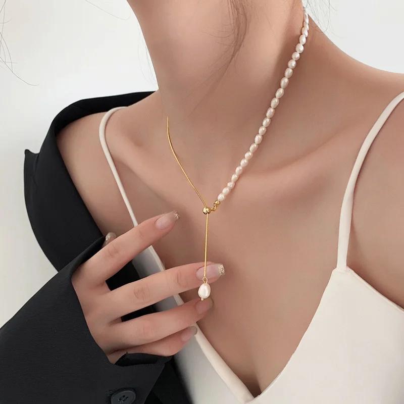 French Vintage Baroque Freshwater Pearl Long Tassel Necklace Women Gold Plated Copper Snake Chain Asymmetry Choker