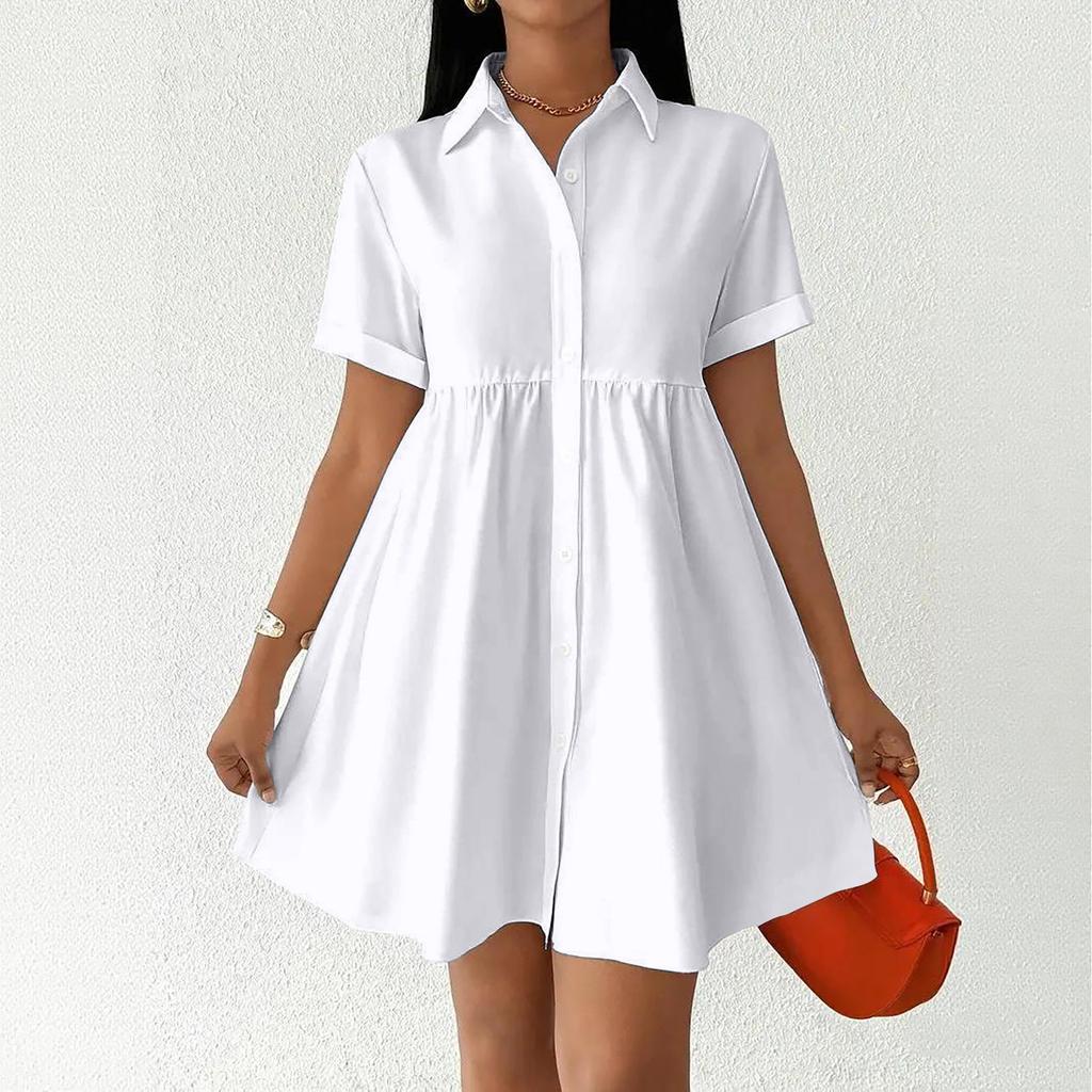 Women Short Sleeve Shirt Dress Button Down Collared Loose Fit Casual Mini Dress with Pockets Summer Style