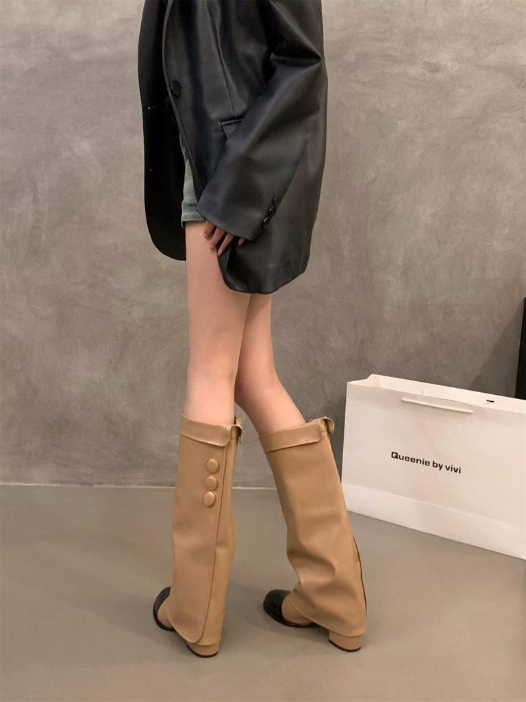 High-heeled small fragrant wind color matching high knight boots women's shoes 2025 new spring, autumn and winter khaki long tube boots