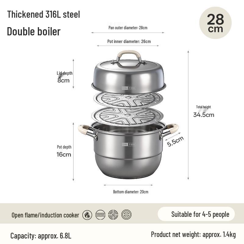 

316 Stainless Steel Thickened Steamer Pot, Large Capacity, Double/Triple Layer, No Coating, Ideal for Household Steaming and Cooking.