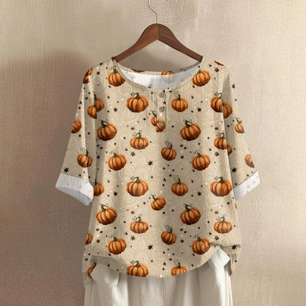 Damska codzienna bluzka z bawełny i lnu z nadrukiem Halloween z okrągłym dekoltem i rękawem 3/4