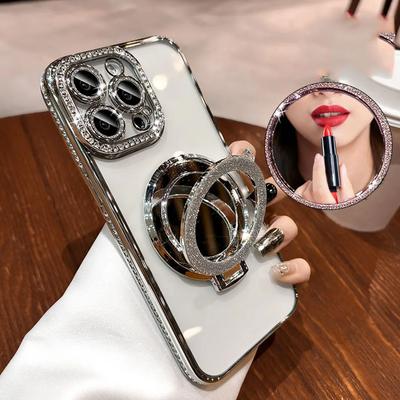 Luxury Makeup Mirror Stand Glitter Rhinestone Phone Case For iPhone 16 14 11 12 13 15 Pro Max 16 Plus Magnetic Protector Cover