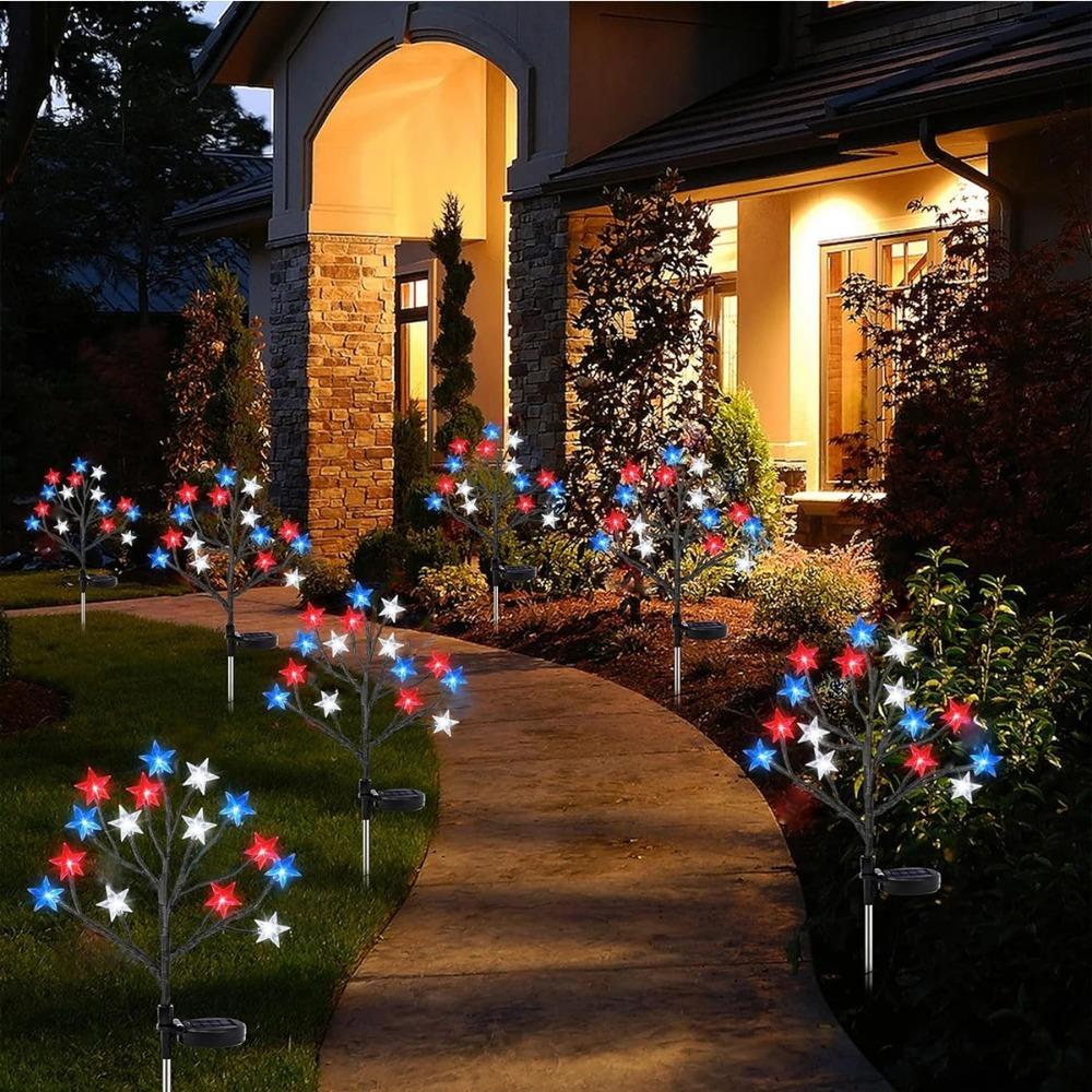 1/2/4PCS LED Red White Blue Star Solar Lights Outdoor Waterproof Fairy Atmosphere Night Light Independence Day 4th Of July Decor