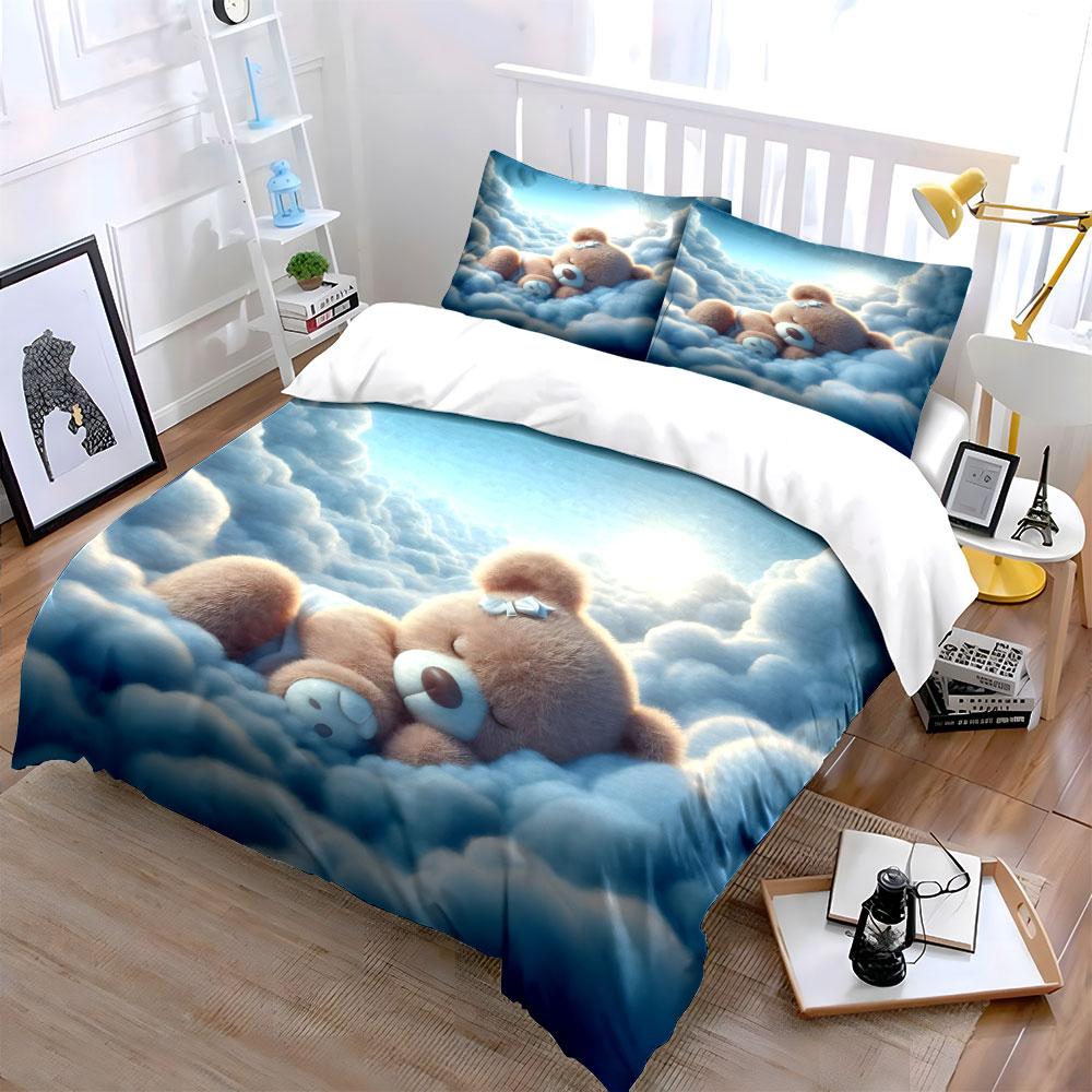 Cute Little Bear Sleeps In Soft Clouds Print Bedding Set 1Duvet Cover 2Pillowcases for Adult and Children Luxury Gift Full Size
