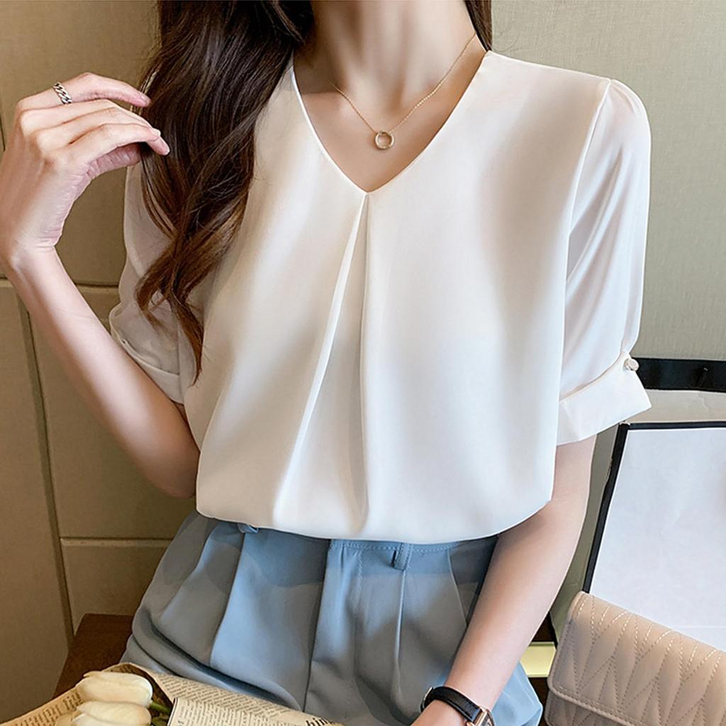 Short Chiffon Short Sleeve Loose Body Covering [Lalapala] Women's Blouse, Sleeve, Summer, Shirt, V-Neck, Stylish, Thin, Neat, Shirt, Top, Pullover,