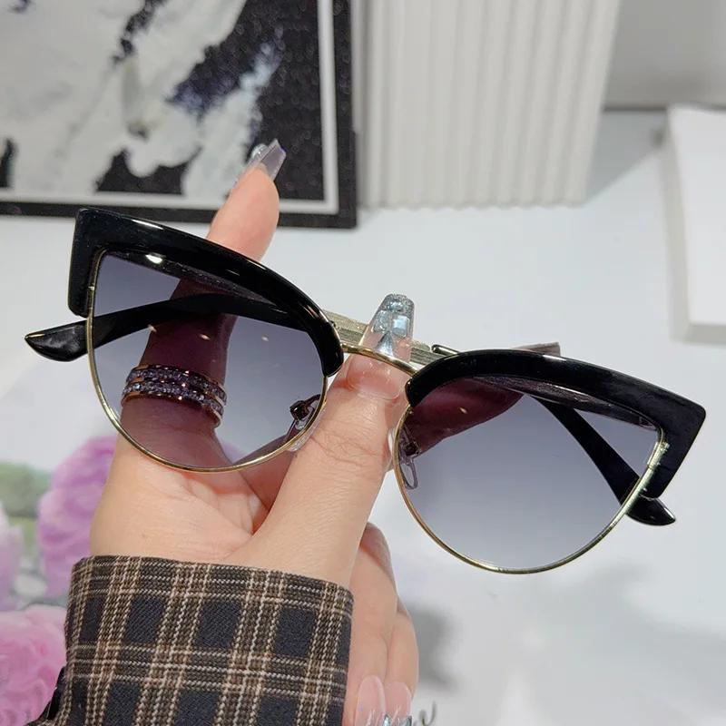 

Personalized Half Frame Metal Frame Street Photography Glasses European And American Cat Eye Anti Blue Light Flat Lens For Women