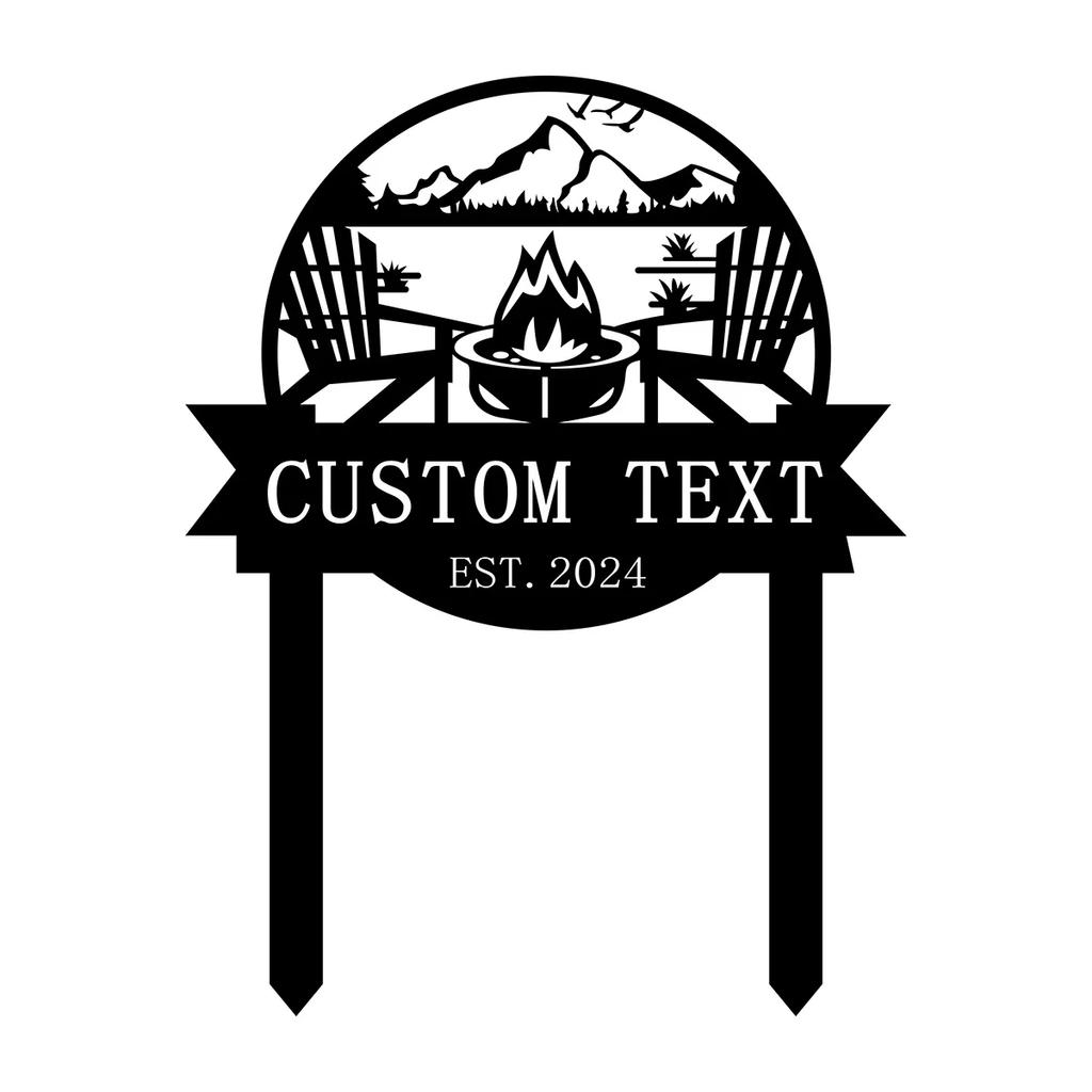 Personalisierte Lagerfeuer Metallschild, Individuelle Hütten Namensschild, Outdoor Gartenpfahl Dekoration, Camping Geschenk Rustikal