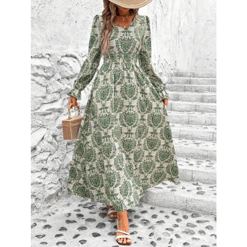Fashion V-neck Long Sleeve Printed Loose Women Dress Spring Autumn Elegant A-line Party Long Versatile Dress Slim Fit Holiday Women's Clothing