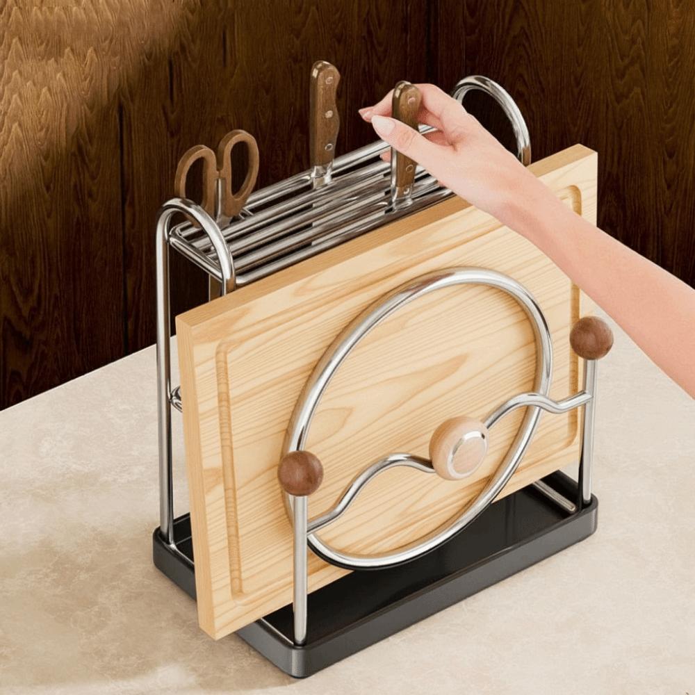 Stainless Steel Chopsticks Rack Space Saving Rustproof Pot Lid Rack with Drainage Tray Cutting Board Holder Household