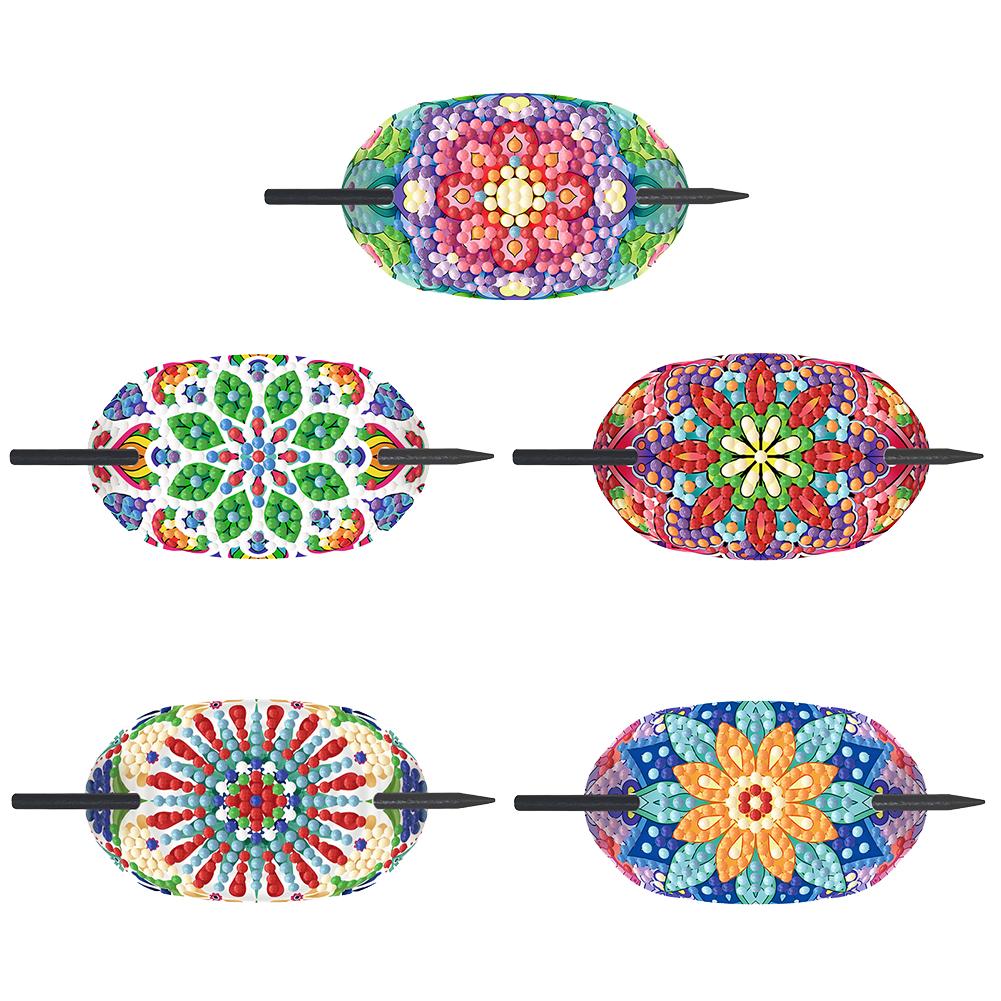 5Pcs PU Mandala Pattern Diamond Embroidery Painting Hairpins Kit Handmade Diamond Headware Hair Sticks Gifts for Women Girls
