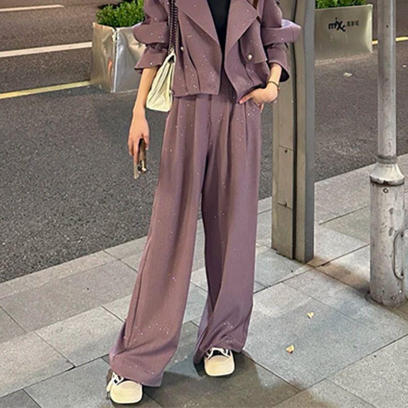 2025 Korean Style Women s Chic Suit: Slimming Textured Top & Casual Wide-Leg Pants Set with Buttons S (80-98 jin)