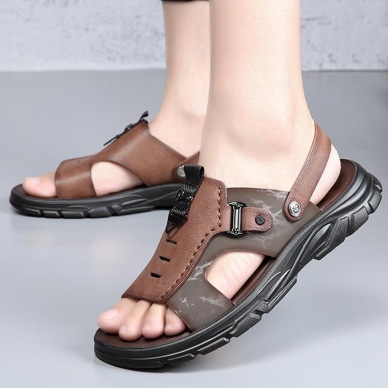 Fashion Summer High-quality Men Top Layer Cowhide Casual Beach Shoes Sandals Fashionable Outdoor Men Latex Cushioned Breathable Sandals