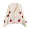 Autumn Womens Clothes Fashion Embroidery Strawberry Knitted Sweater Cardigan Sweet V-Neck Lantern Long Sleeve Loose Cardigans Coat