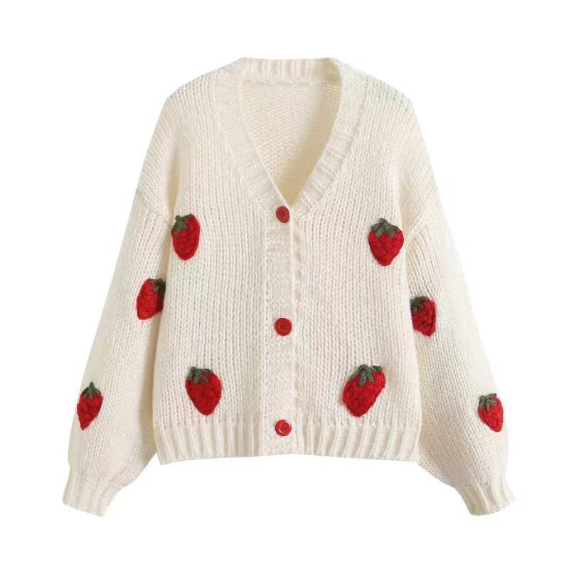 Autumn Womens Clothes Fashion Embroidery Strawberry Knitted Sweater Cardigan Sweet V-Neck Lantern Long Sleeve Loose Cardigans Coat