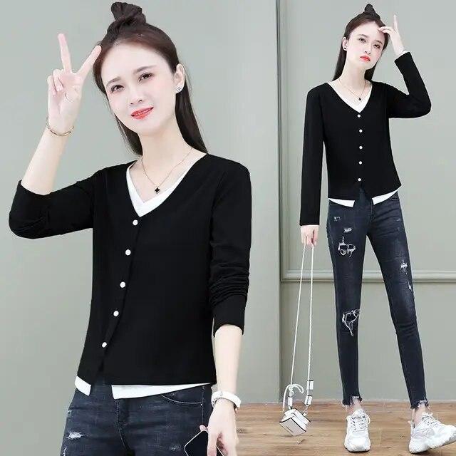 

Женская футболка с длинными рукавами, весенне-осенний новый модный топ из двух предметов, модная рубашка с коротким низом и v-образным вырезом, M-3XL L чёрный