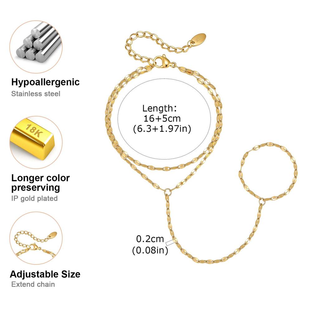 Luxury Minimalist Gold Plated Hand Chain Bracelets for Women, Thin Chain Finger Ring Bracelet, Elegant Stainless Steel Jewelry