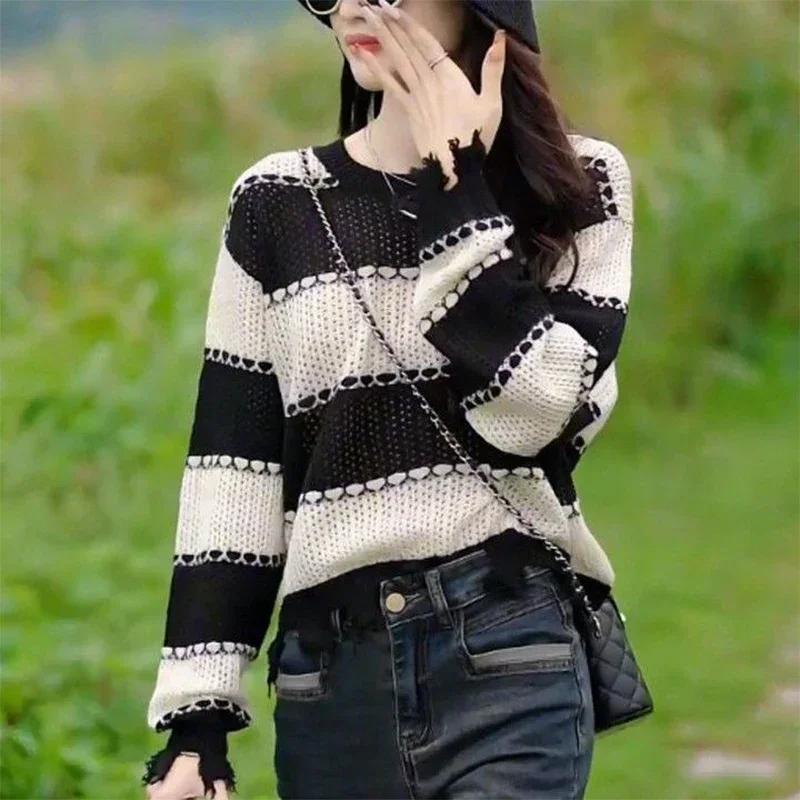 WTEMPO Women s Long Sleeve Crewneck Sweater Fashion Frayed Hem Knitwear Girl Soft Comfortable Knitting Tops Sweaters One Size чёрный 1693₽