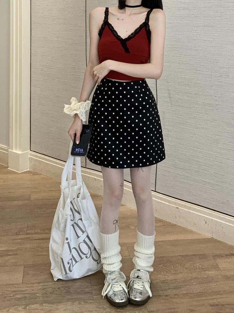 2025 Summer Women's Sweet & Spicy Apricot Polka Dot A-Line Skirt - Hip-Wrapping Casual Mini Skirt