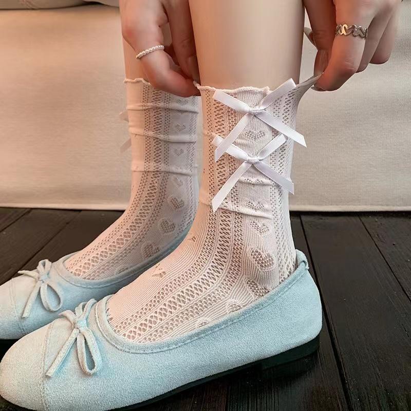JK Sweet White Hollow Socks for Women Mesh Hollowed Out Thin Nylon Silk Girls Retro Flower Heart Lace Socks Ladies Crew Socks