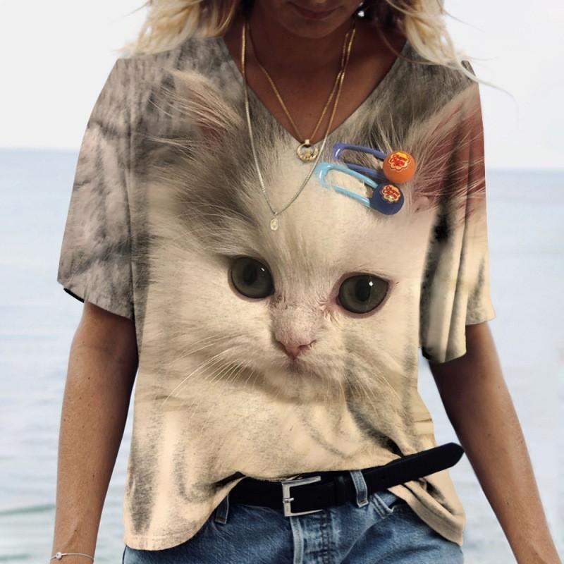 Summer V-neck 3D Kawaii Cat Printed Top Fashionable Casual Short Sleeved Women's T-shirts