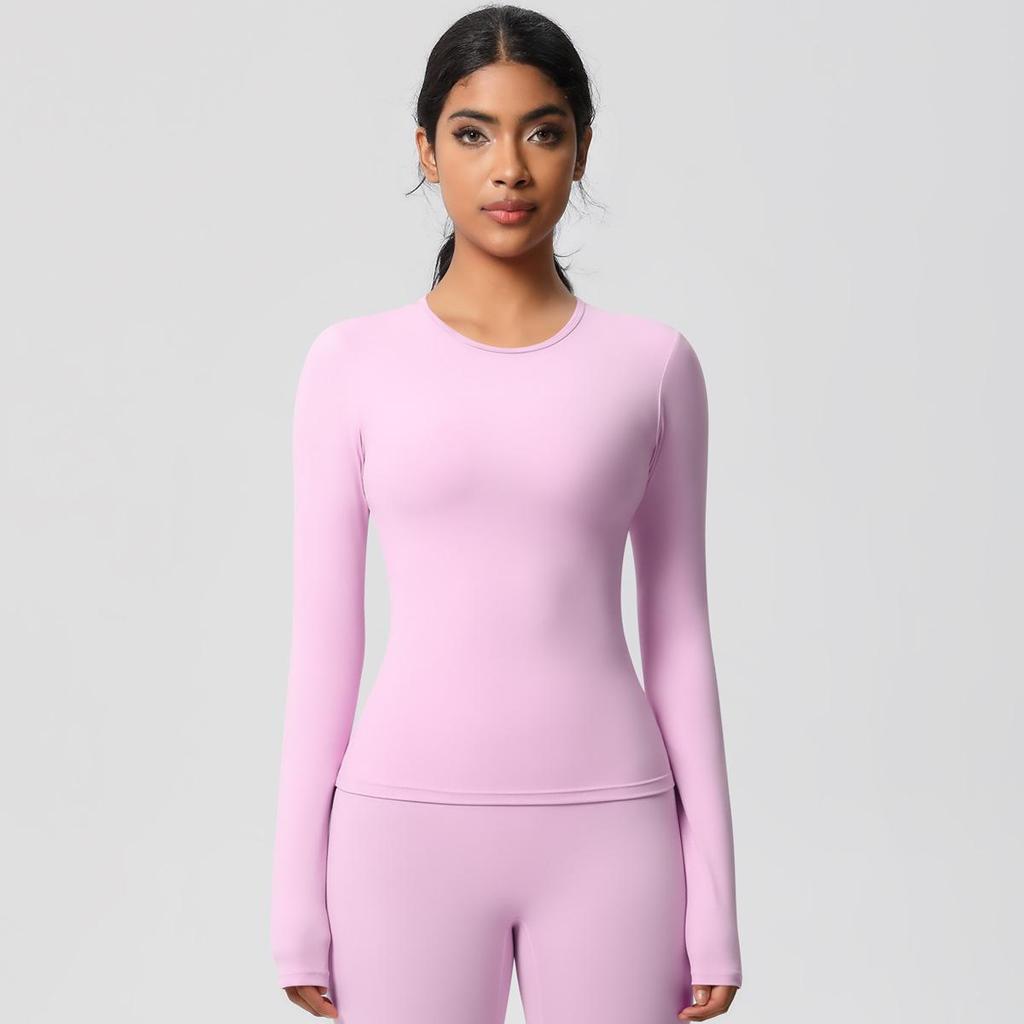European-American Slim Fit Long Sleeve Yoga Top - Nude, Brushed Feel, Round Neck, High-Intensity Running & Fitness Wear