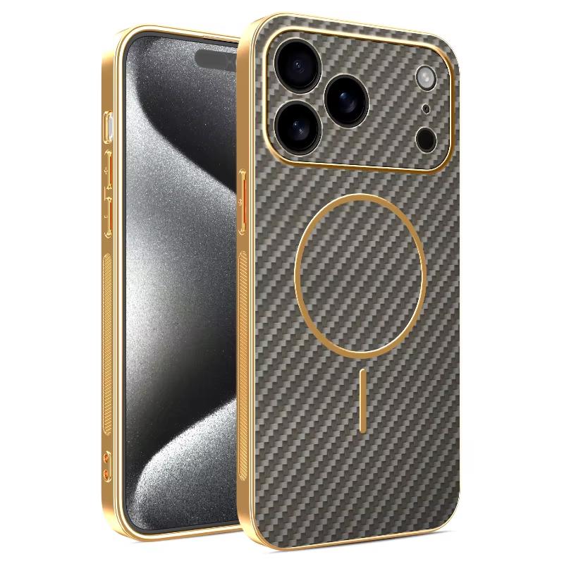 

Роскошный гальванизированный магнитный чехол для телефона с текстурой волокна, подходит для iPhone 17 16 15 14ProMax, совместим с беспроводной зарядкой For iPhone14 серый