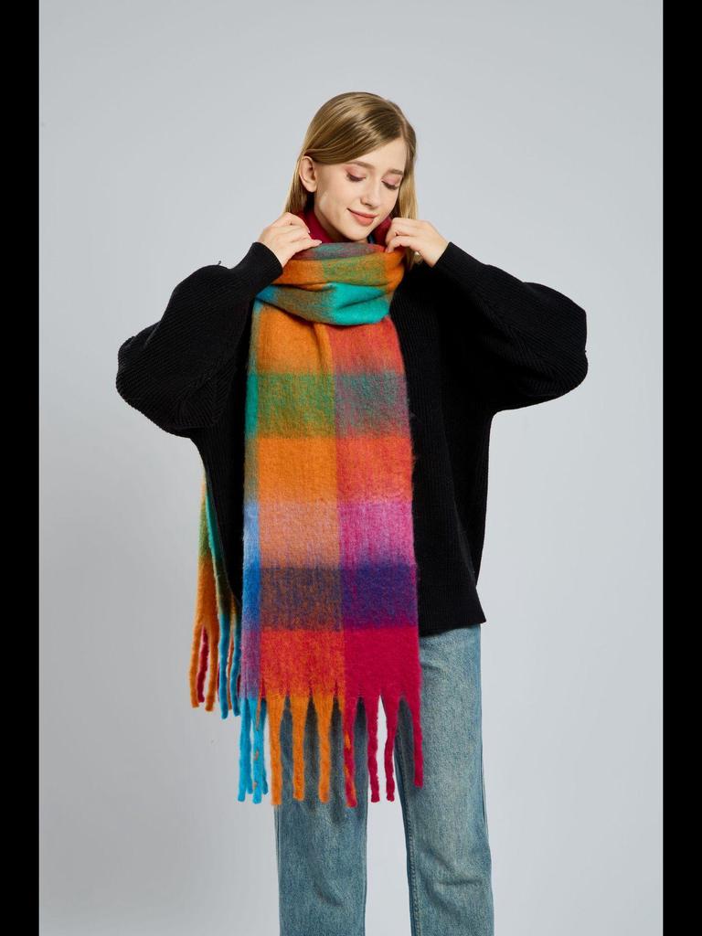 Women's High-Grade Colorful Plaid Mohair Scarf - Thick, Warm, and Versatile for Winter