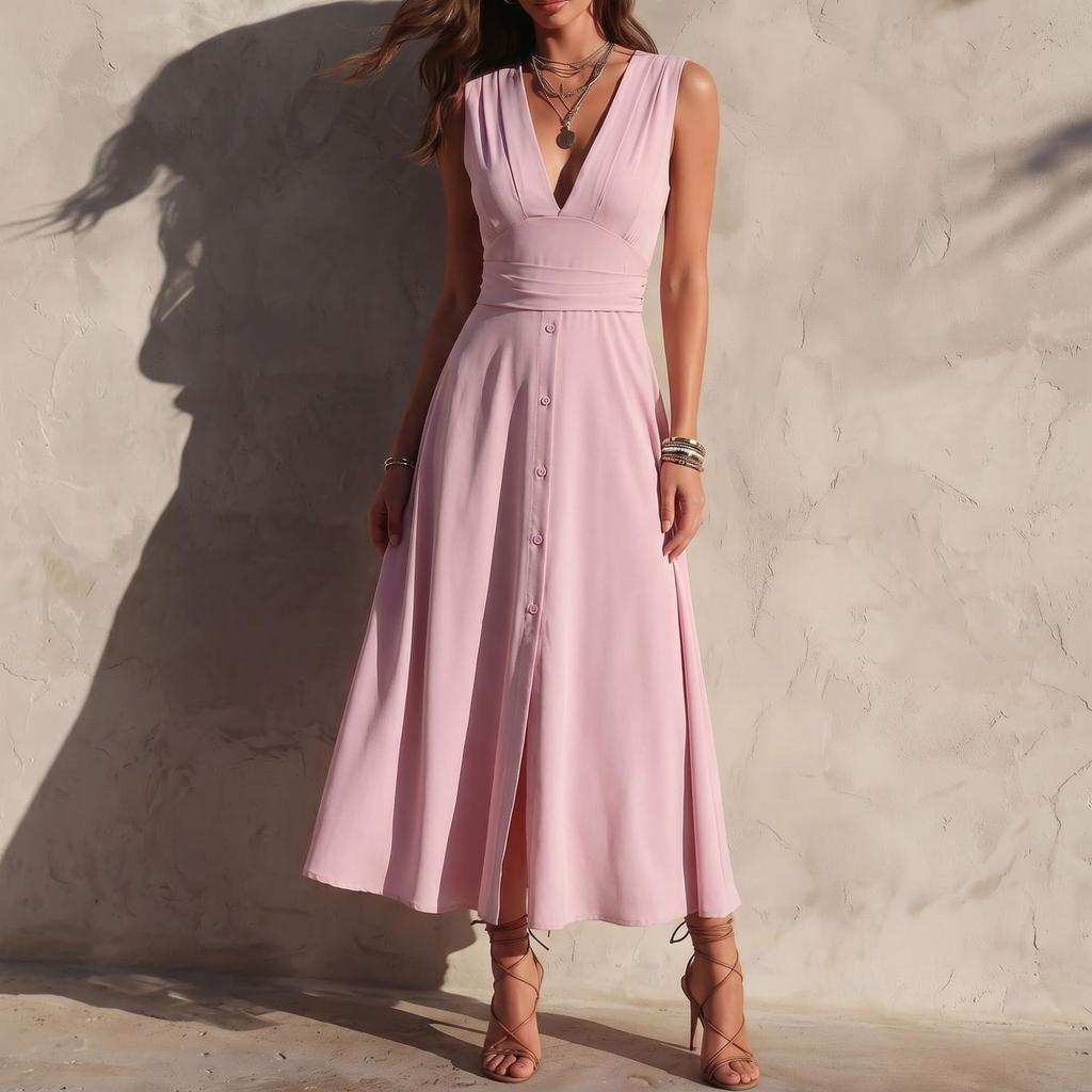 Women Sleeveless Deep V Neck Solid Maxi Dress High Waist Flared Hem Button Front Elegant Long Dress for Daily Wear
