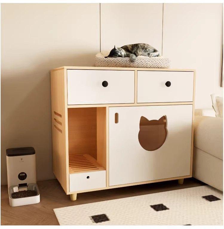 Solid Wood Semi-Closed Cat Litter Cabinet with Anti-Tracking and Anti-Dog Features