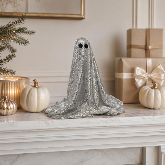 Dekoracja Duch na Halloween, Błyszcząca Figurka Ducha Zewnętrzna z Materiału z cekinami, Świecący Upiorny Duch na Imprezy Halloweenowe, Trawnik Zewnętrzny, Dekoracja Werandy