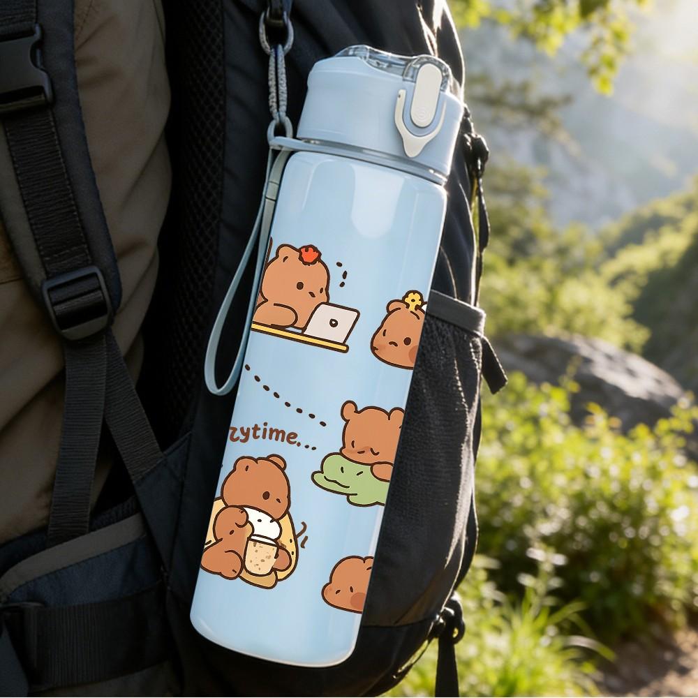 1PC Bear Family Home Pattern 750ml Color Plastic Sports Water Bottle Leakproof Flip Straw Lid Suitable for Sports Office Home Use