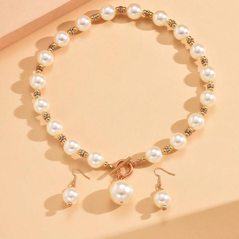Faux Pearl Decor Necklace & Drop Earrings