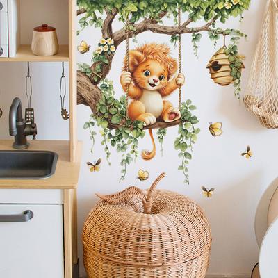 Self-adhesive Wall Stickers for Decorating Children's Rooms Featuring A Cartoon Lion Swinging On A Swing Set