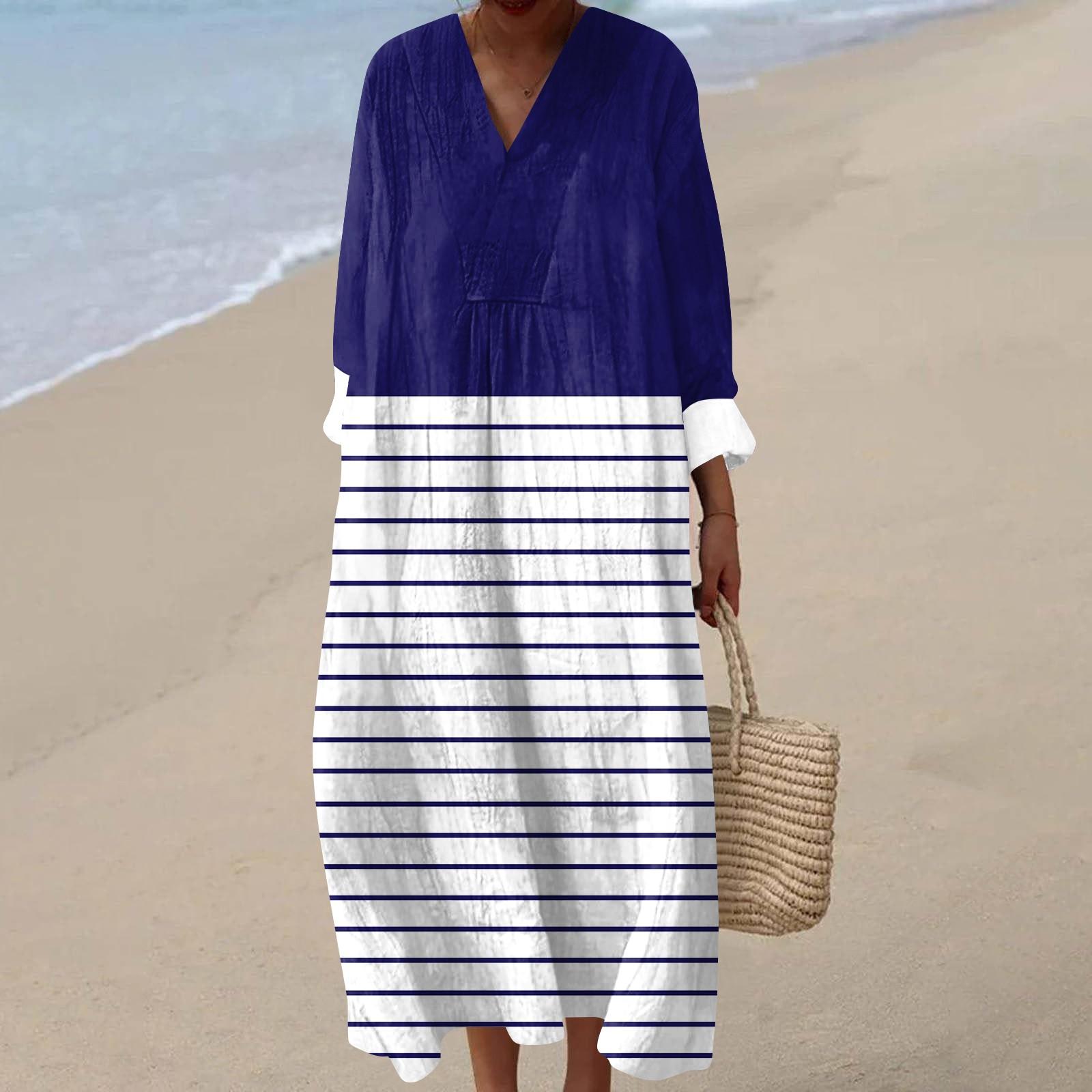 

Женское повседневное модное платье макси в полоску с V-образным вырезом и длинным рукавом XXL