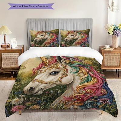 Horse Pattern Bedding Quilt Set Quilt Cover Pillowcase Home Decoration Birthday Gift (1 * Duvet Cover + 2 * Pillowcase, Without Core)