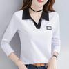 Spring Autumn Polo-neck Striped Printing Patchwork T-shirt Women Long Sleeve Vintage All-match Pullover Tee Top