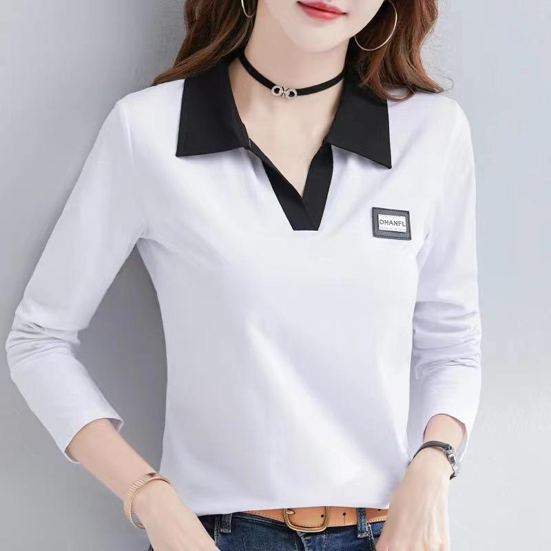 Spring Autumn Polo-neck Striped Printing Patchwork T-shirt Women Long Sleeve Vintage All-match Pullover Tee Top