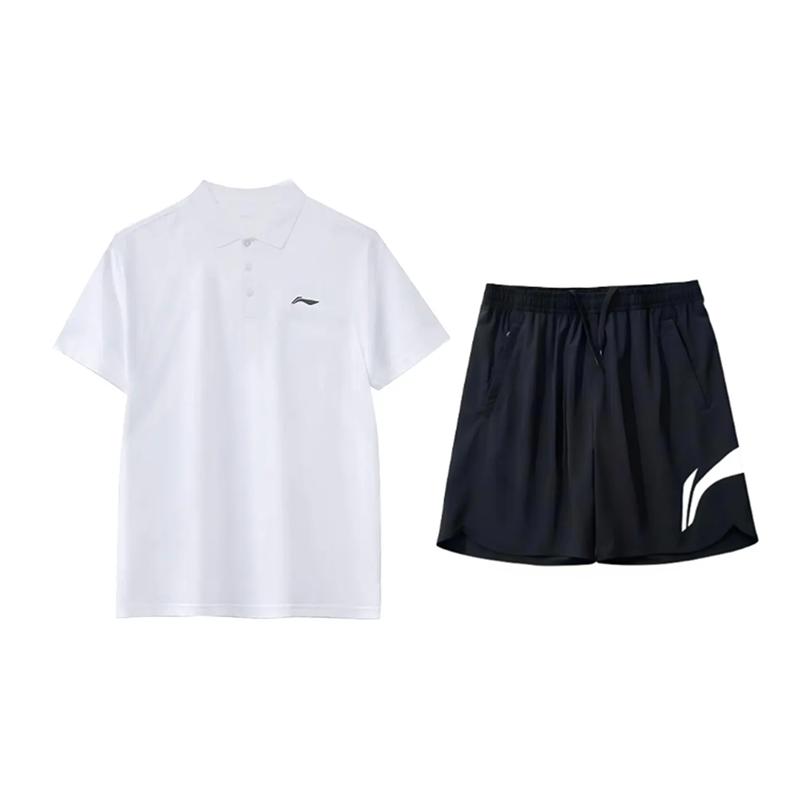 

Li-Ning Solid Color Simple Comfortable Breathable Short Sleeve Polo Shirt With Drawstring Versatile Shorts Casual Sports Suit YPLV049-1+YKSV197-2 S
