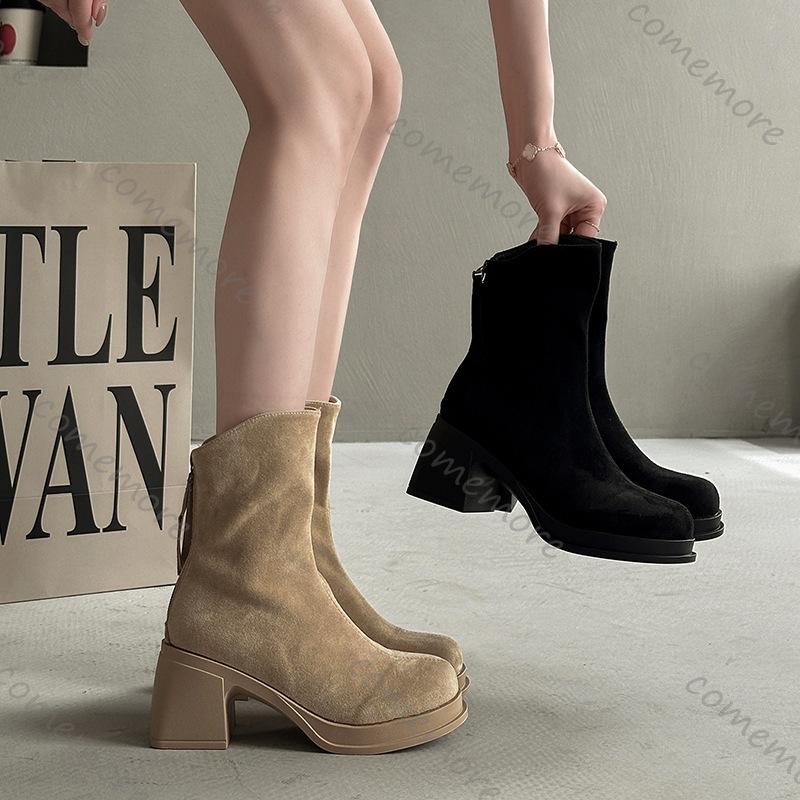 Comemore Retro British Style Chunky Heeled Short Boots Autumn Women's Shoes Solid Suede Versatile High-heeled Botines