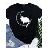 Katze Schläft auf Mond Druck T-Shirt Damen Kurzarm O-Ausschnitt Lockeres T-Shirt Sommer Damen T-Shirt Oberteile Camisetas Mujer