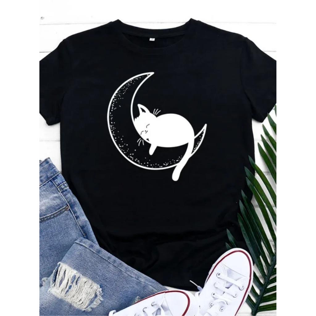 Katze Schläft auf Mond Druck T-Shirt Damen Kurzarm O-Ausschnitt Lockeres T-Shirt Sommer Damen T-Shirt Oberteile Camisetas Mujer